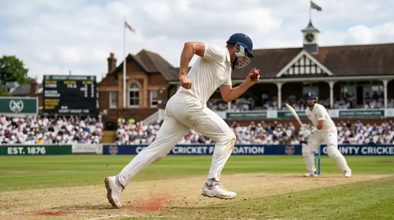 Test cricket fast bowler in full run-up frame during a Test match