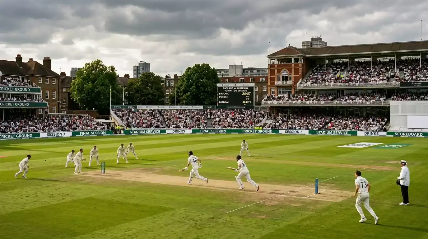 Test cricket match in its final session under overcast skies