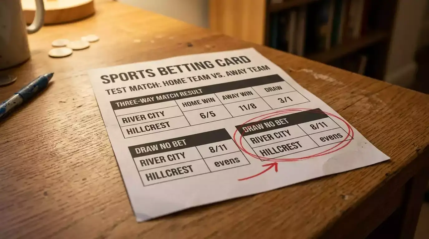 Printed three-way market card showing home, away, and draw on a cricket match
