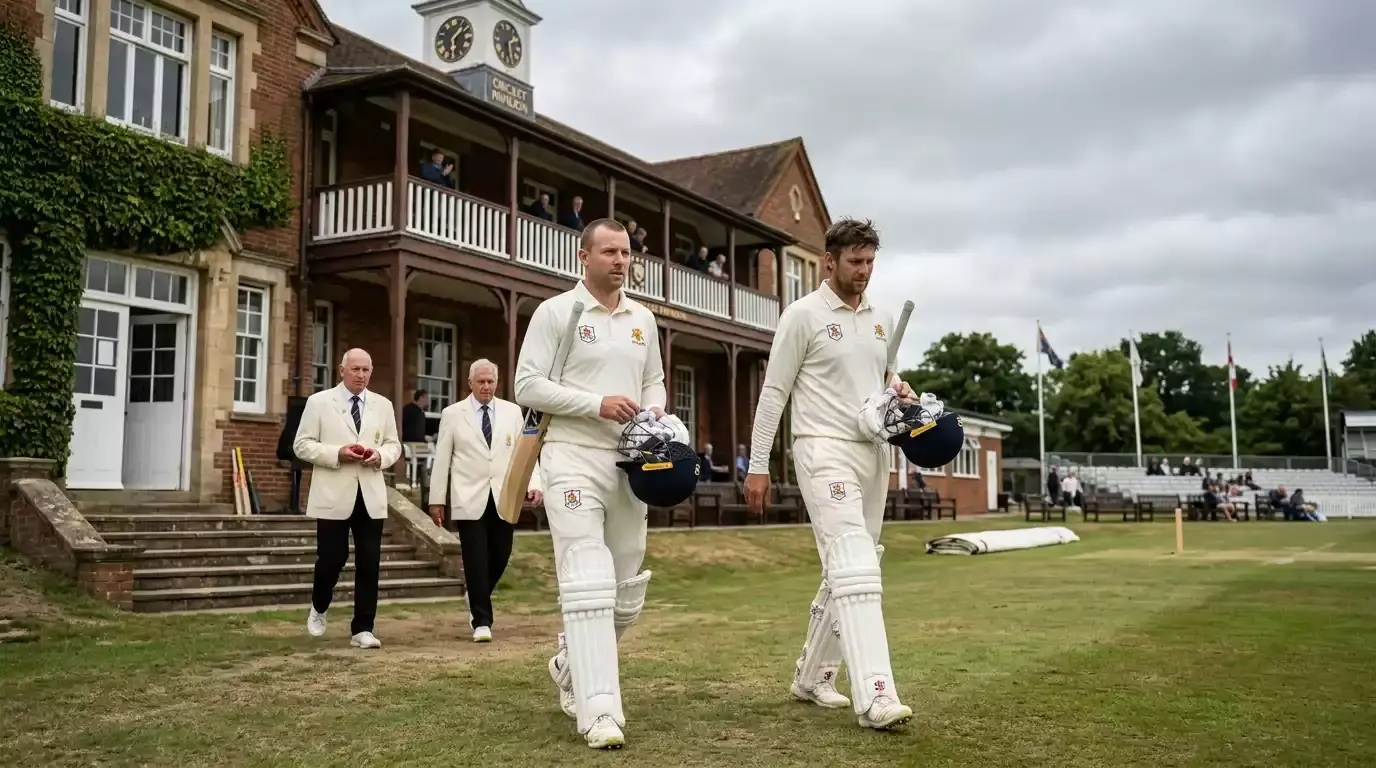 Test cricketers in whites walking off the field past the pavilion at a historic English ground under heavy cloud