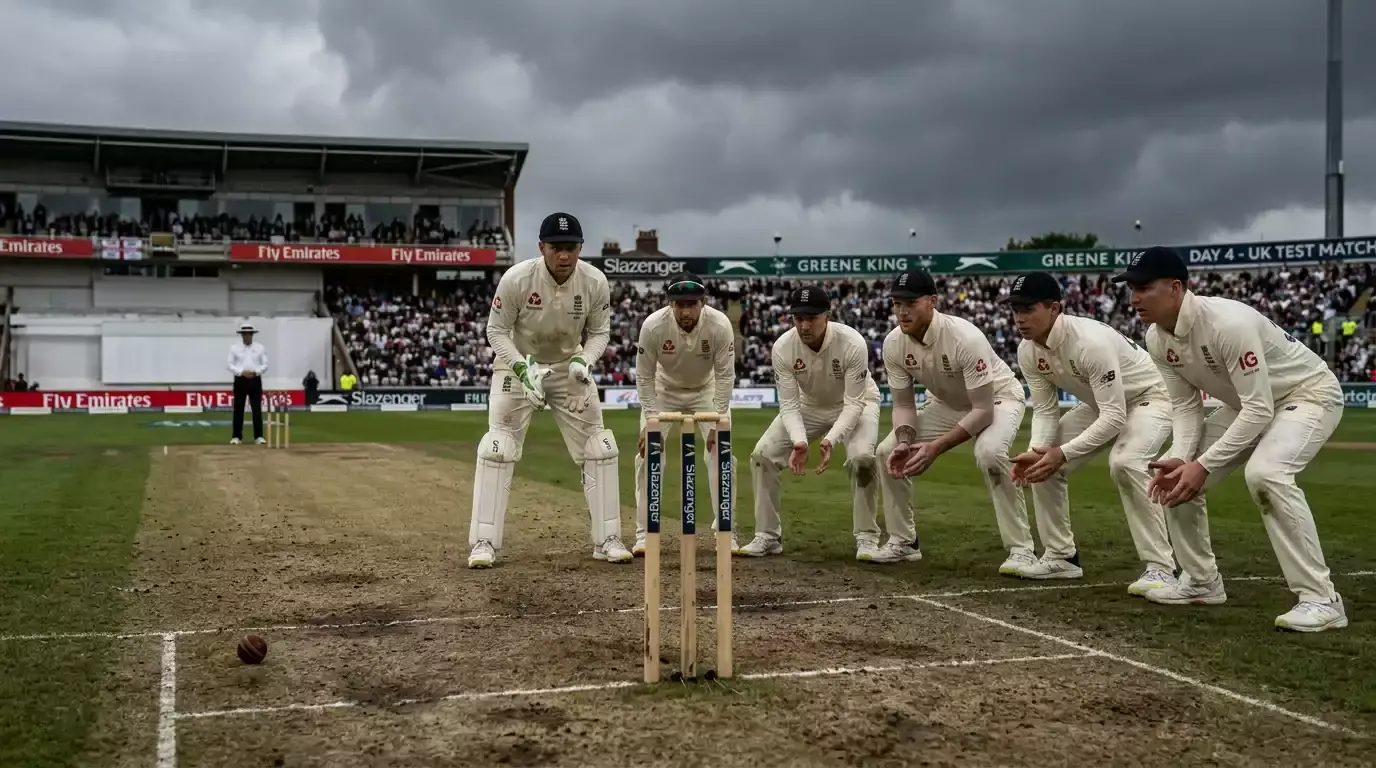 Slip cordon set behind the stumps on day four of a UK Test match with overcast skies above the ground