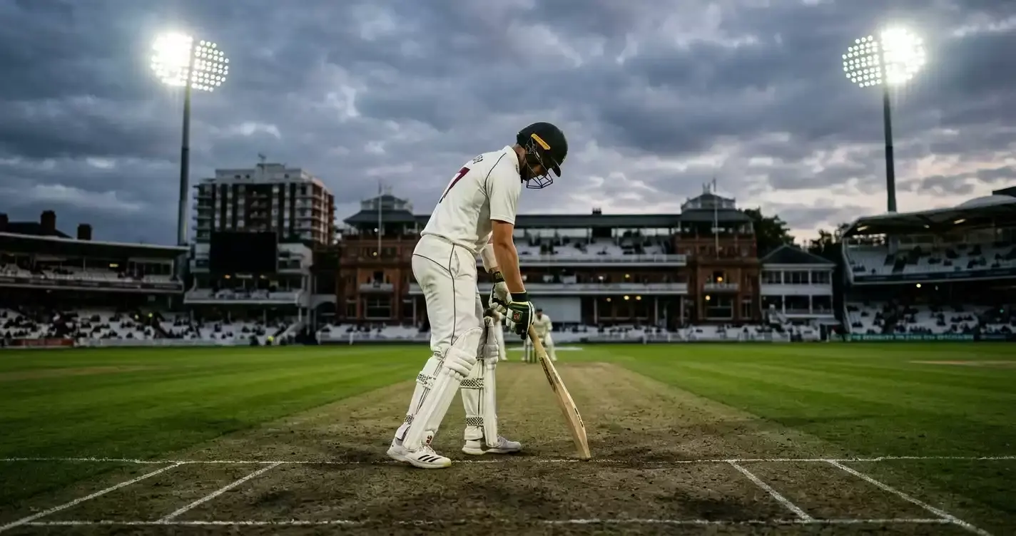 Opening batter taking guard at the start of a T20 innings under floodlights
