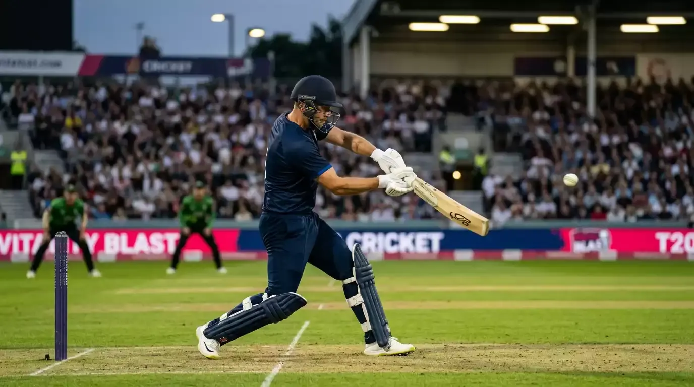 Right-handed batter driving on the front foot through the covers during a T20 innings in coloured kit