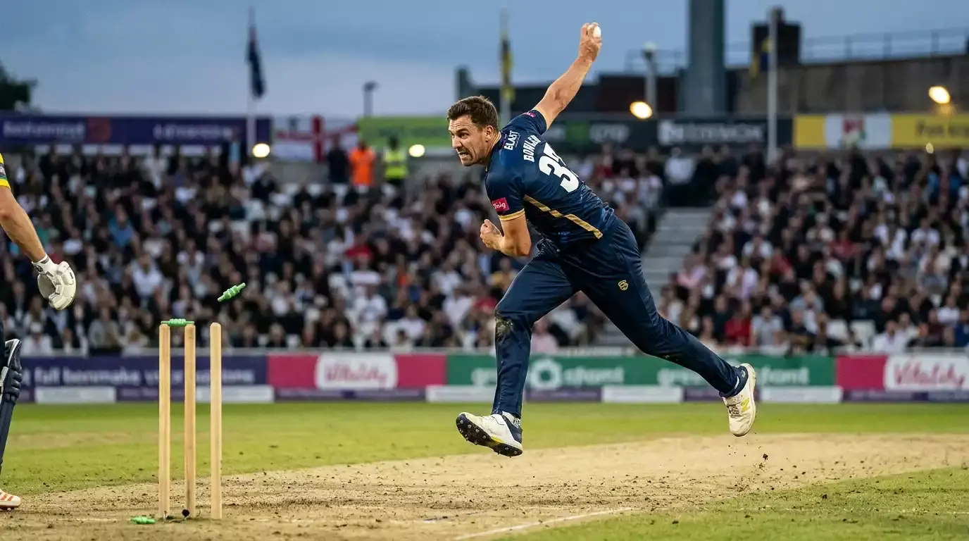 Fast bowler delivering at the death overs of a Vitality Blast match with stumps in view