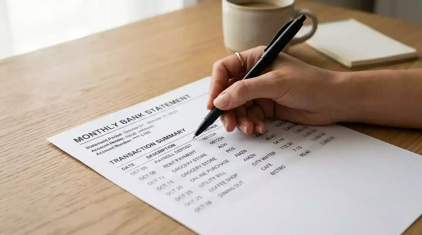 Hand reviewing a generic UK bank statement printout on a desk