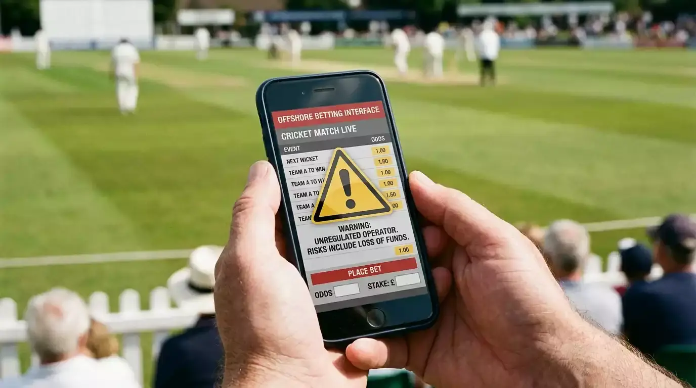 Smartphone showing an unbranded offshore betting interface with warning symbol overlay