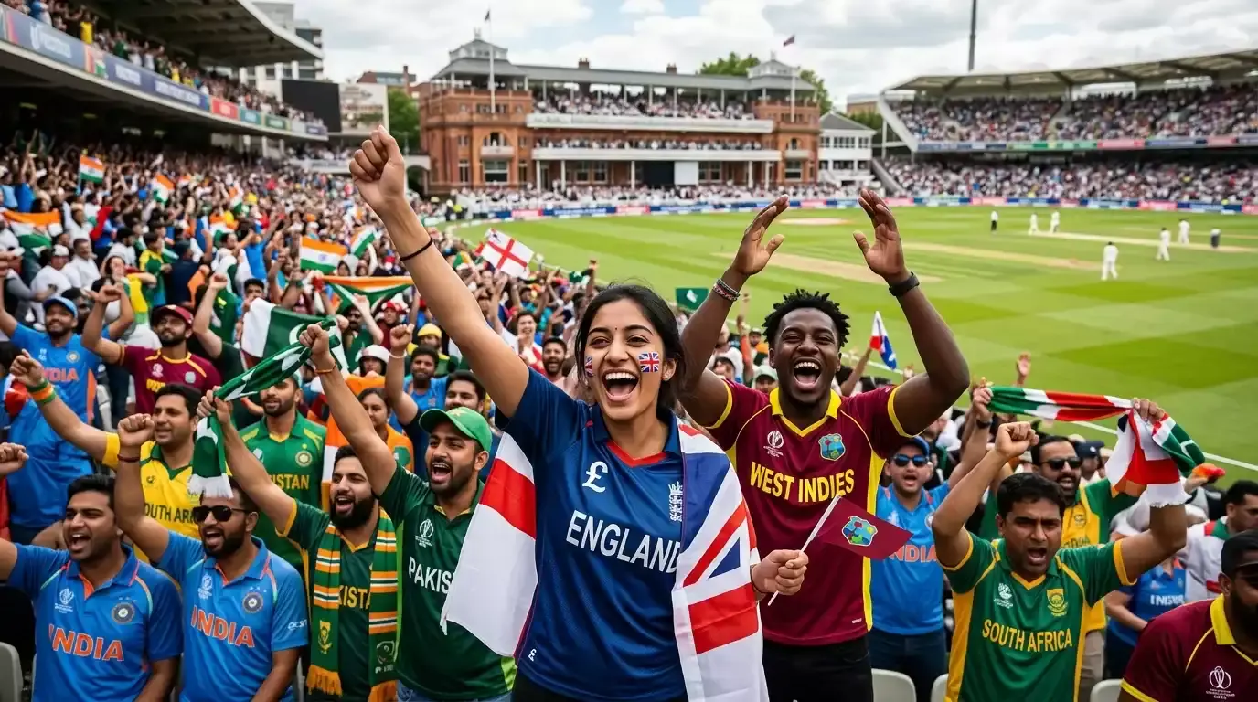Diverse crowd of cricket fans in colourful national jerseys cheering at a packed UK ground