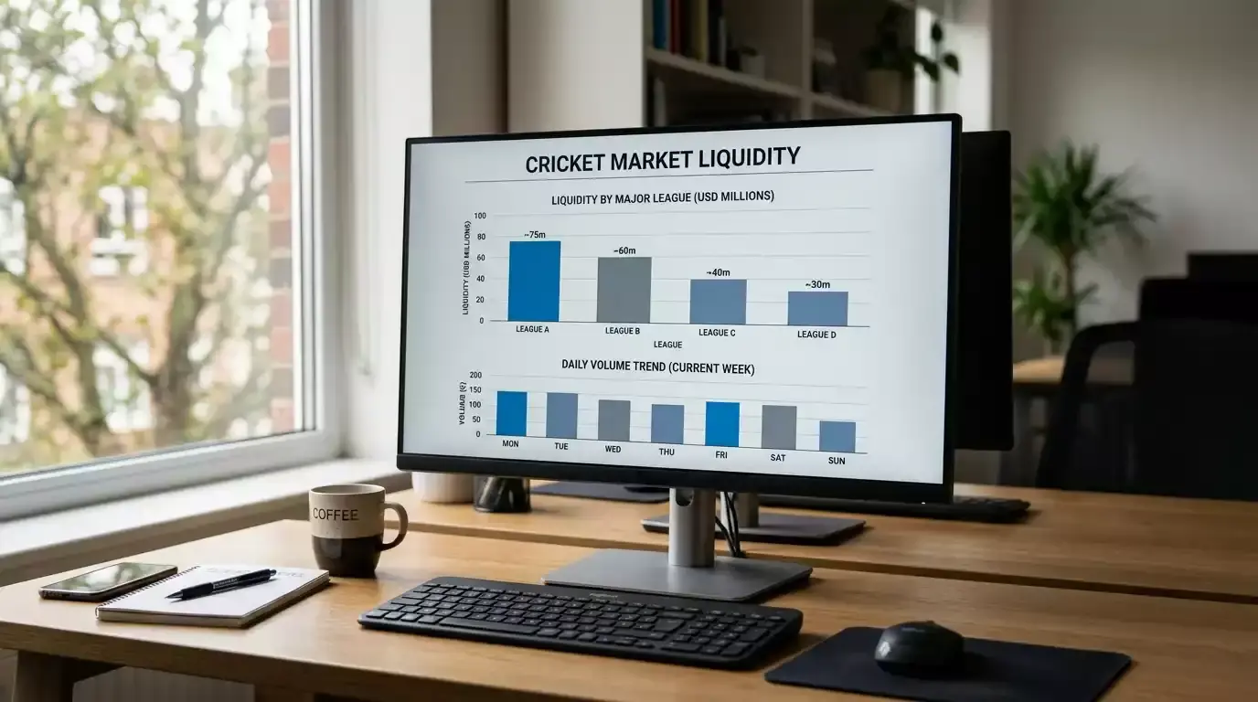 Monitor showing comparative liquidity charts for cricket markets across leagues