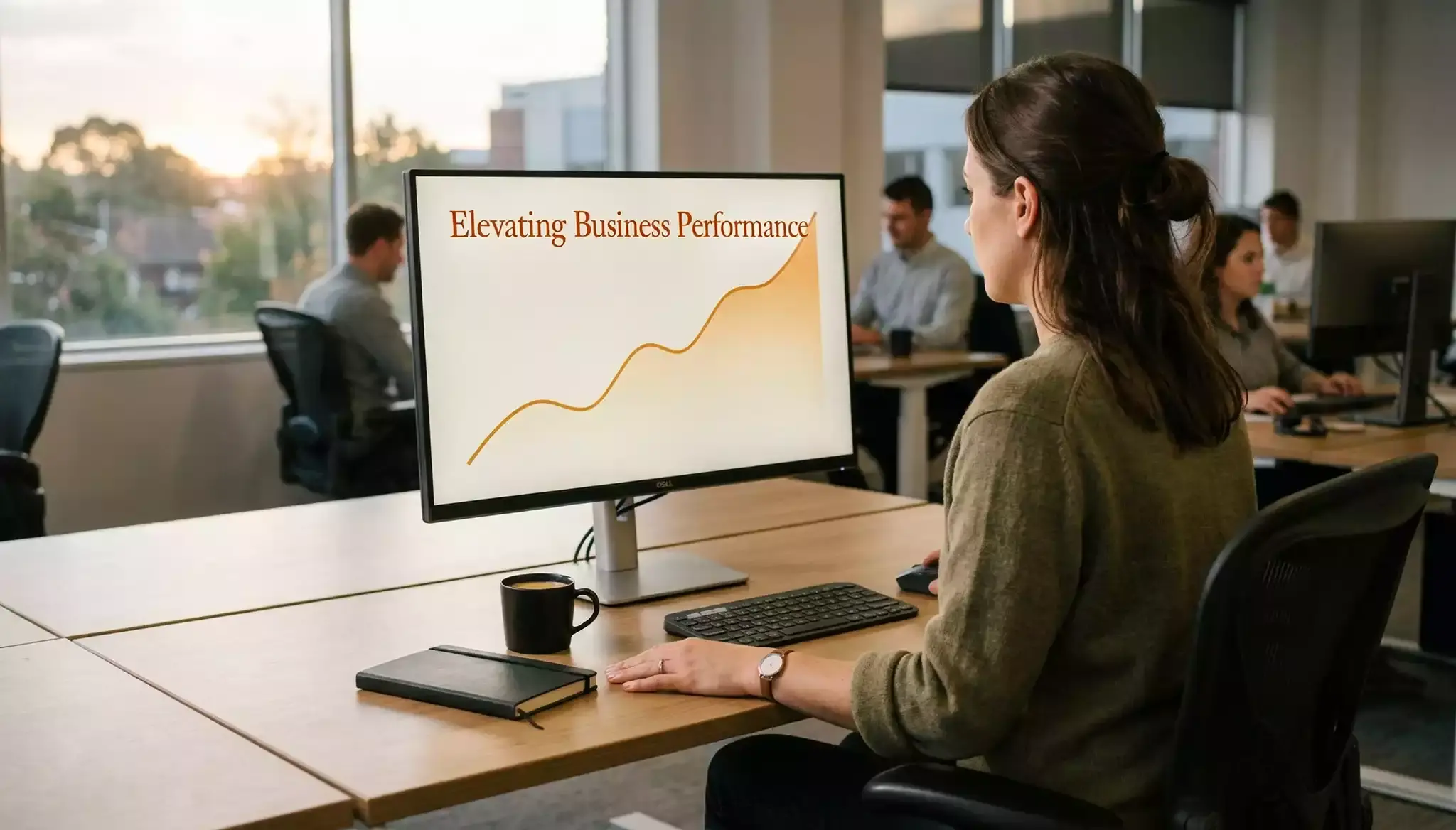 Analyst studying a clean line chart on a desktop monitor showing UK gambling GGY trend