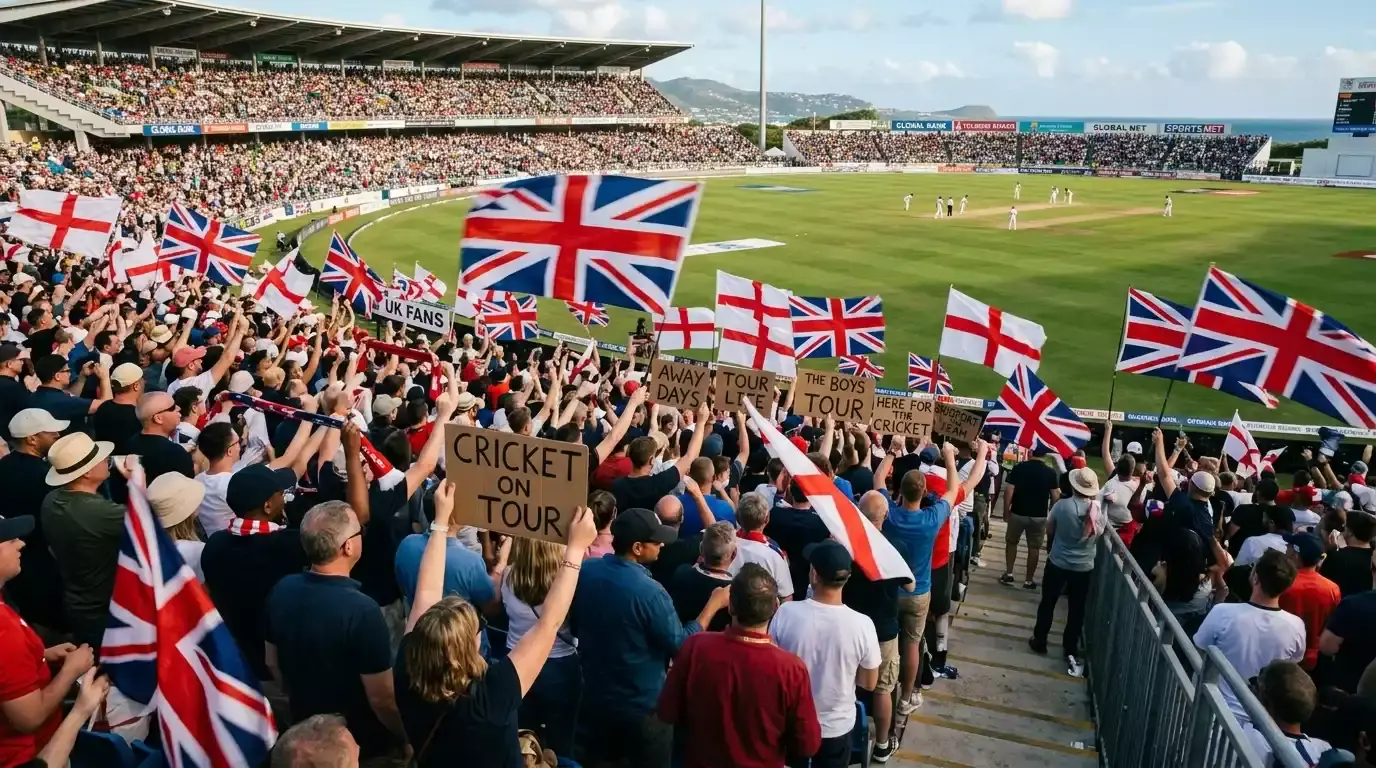 UK cricket fans in a touring stand at an overseas international match