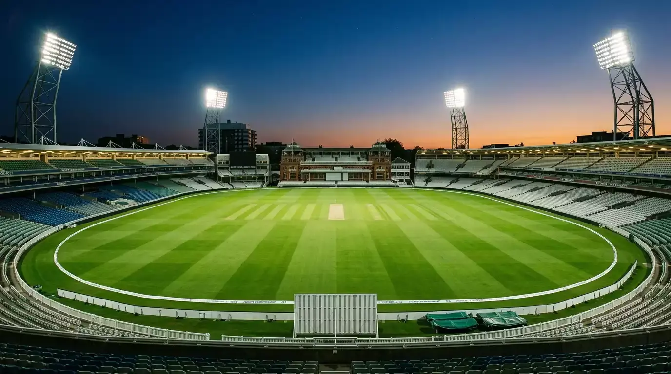 Wide view of an English cricket stadium at dusk under floodlights with empty seats and a freshly rolled pitch