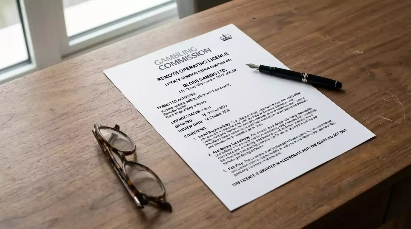 Printed UK Gambling Commission remote operating licence document on a wooden office desk under daylight