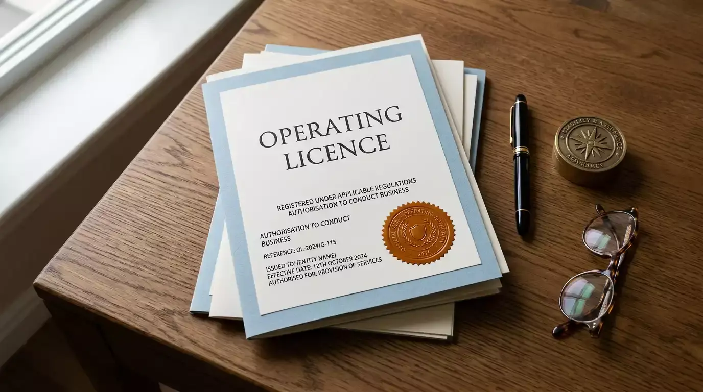 Stack of regulatory documents and a stamped operating licence on a wooden desk in soft daylight