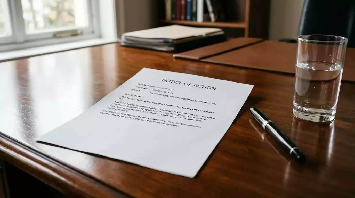 Printed UK regulator enforcement action document on a polished desk