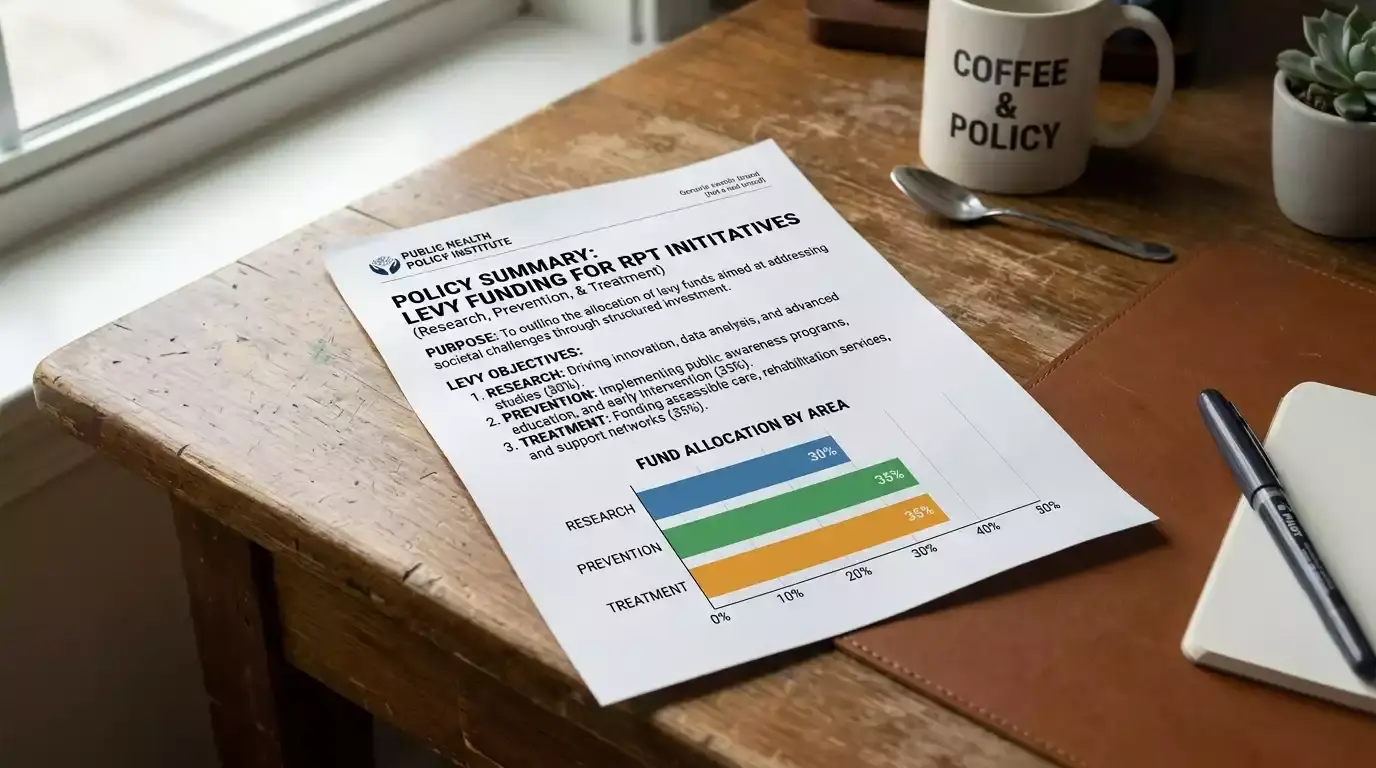 Printed UK levy funding breakdown document beside research charts