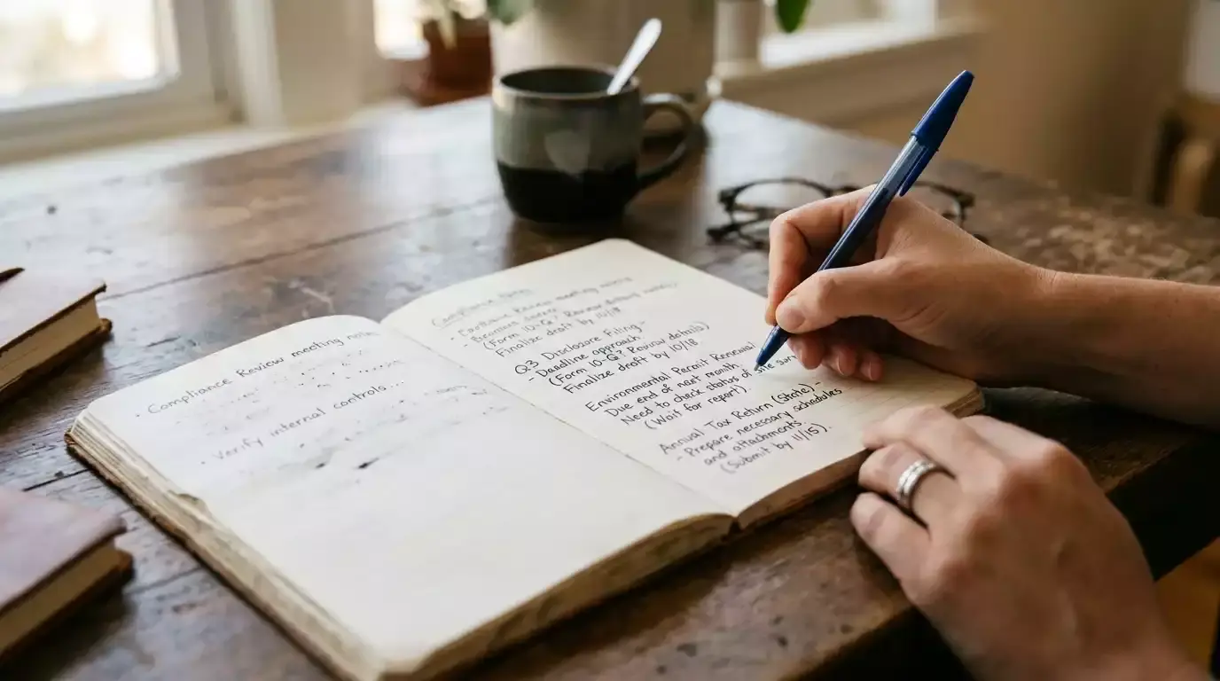 Compliance officer's notebook with handwritten deadlines for levy filings