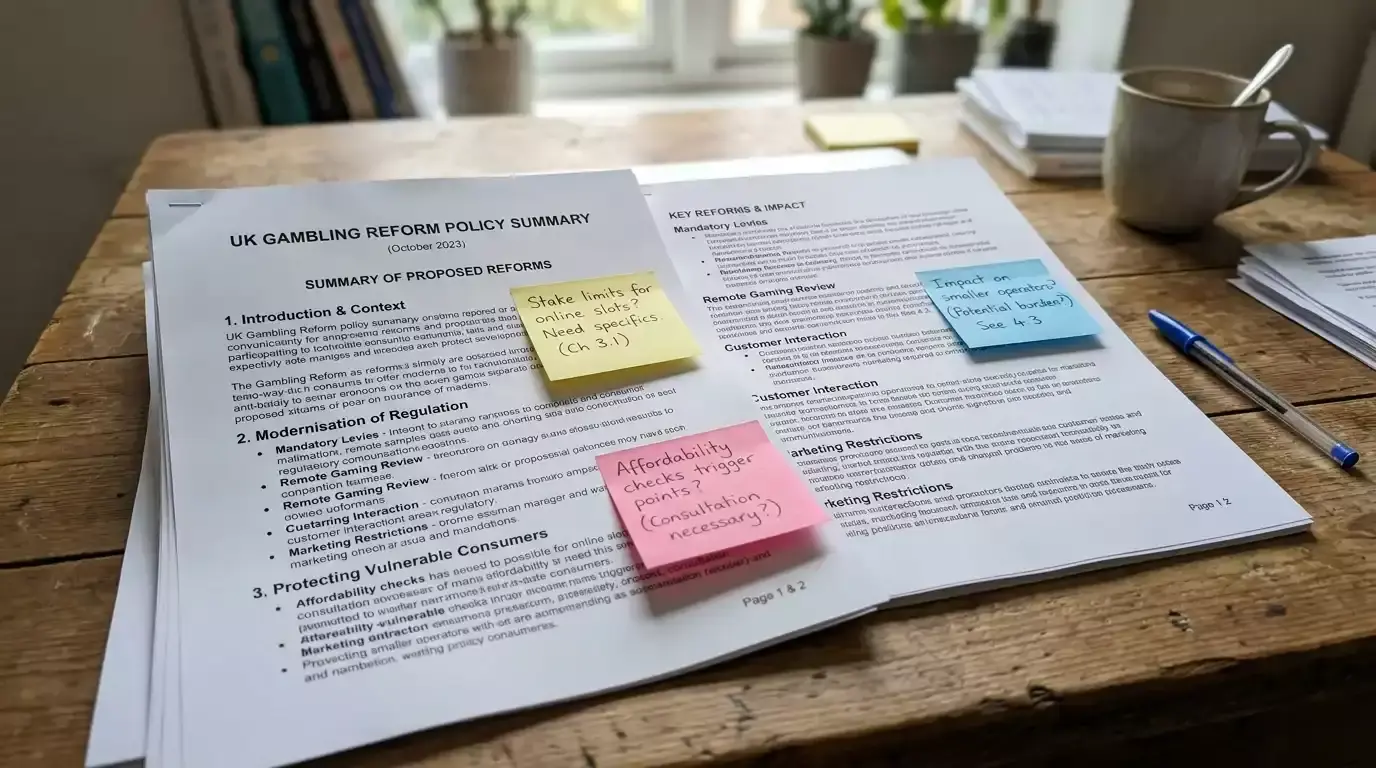 Printed UK gambling reform policy summary on a desk with annotations