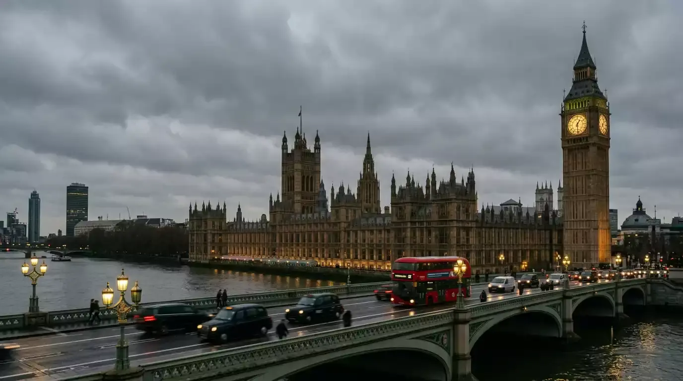 Westminster Bridge and the Houses of Parliament at dusk under heavy grey London cloud