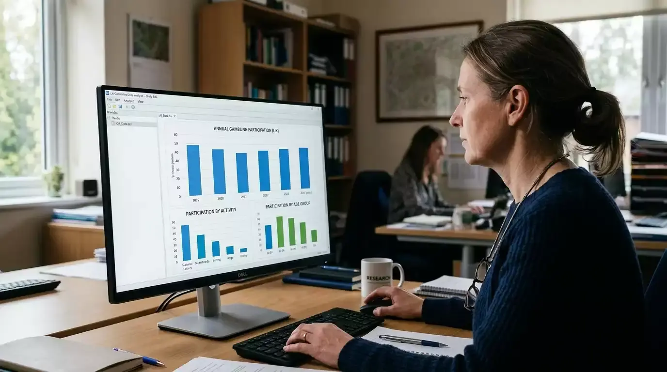 Researcher's monitor showing UK gambling participation chart visualisations