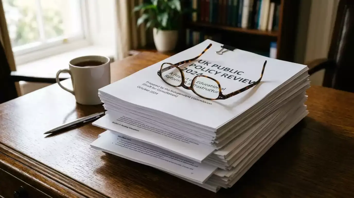 Printed UK government white paper on gambling reform on a polished desk