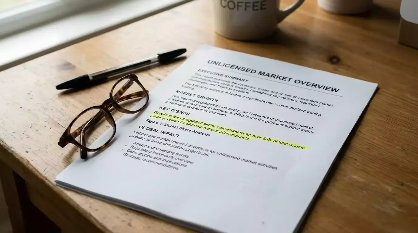 Printed offshore betting market research report page on a desk with highlighter