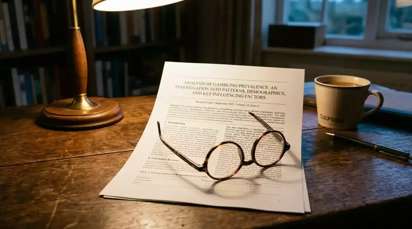 Printed UK research paper on gambling prevalence on a desk with reading glasses