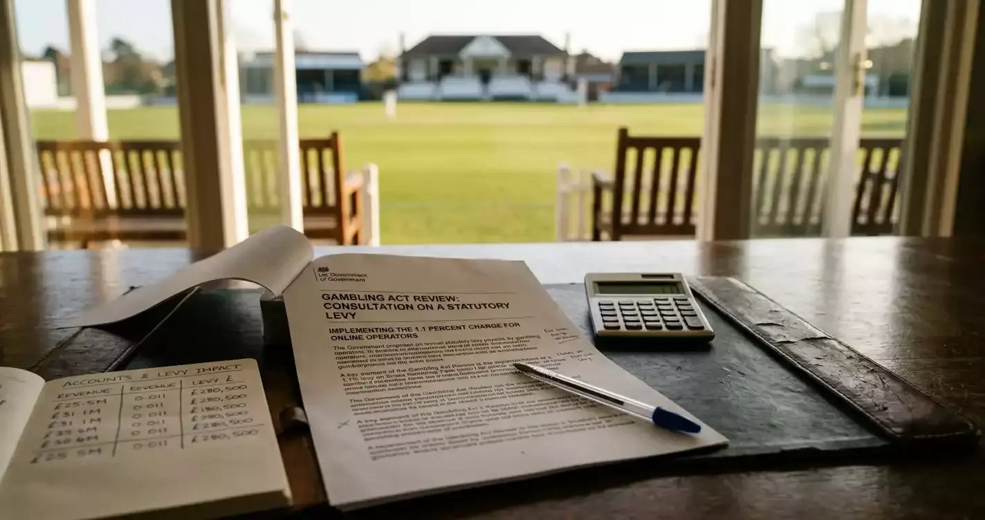 Government policy document on UK gambling reform on a desk with a calculator and accounts