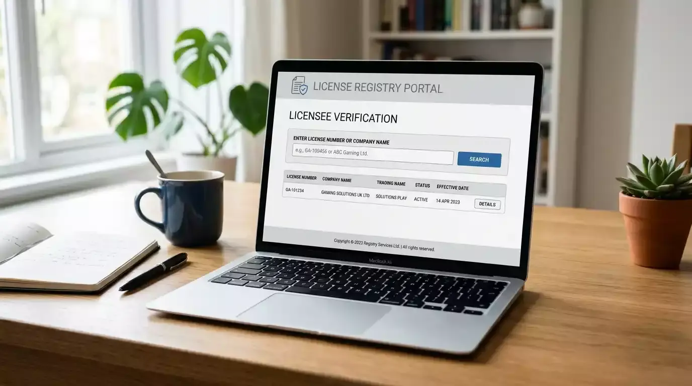 Laptop showing a UKGC operator licence check page on a generic register