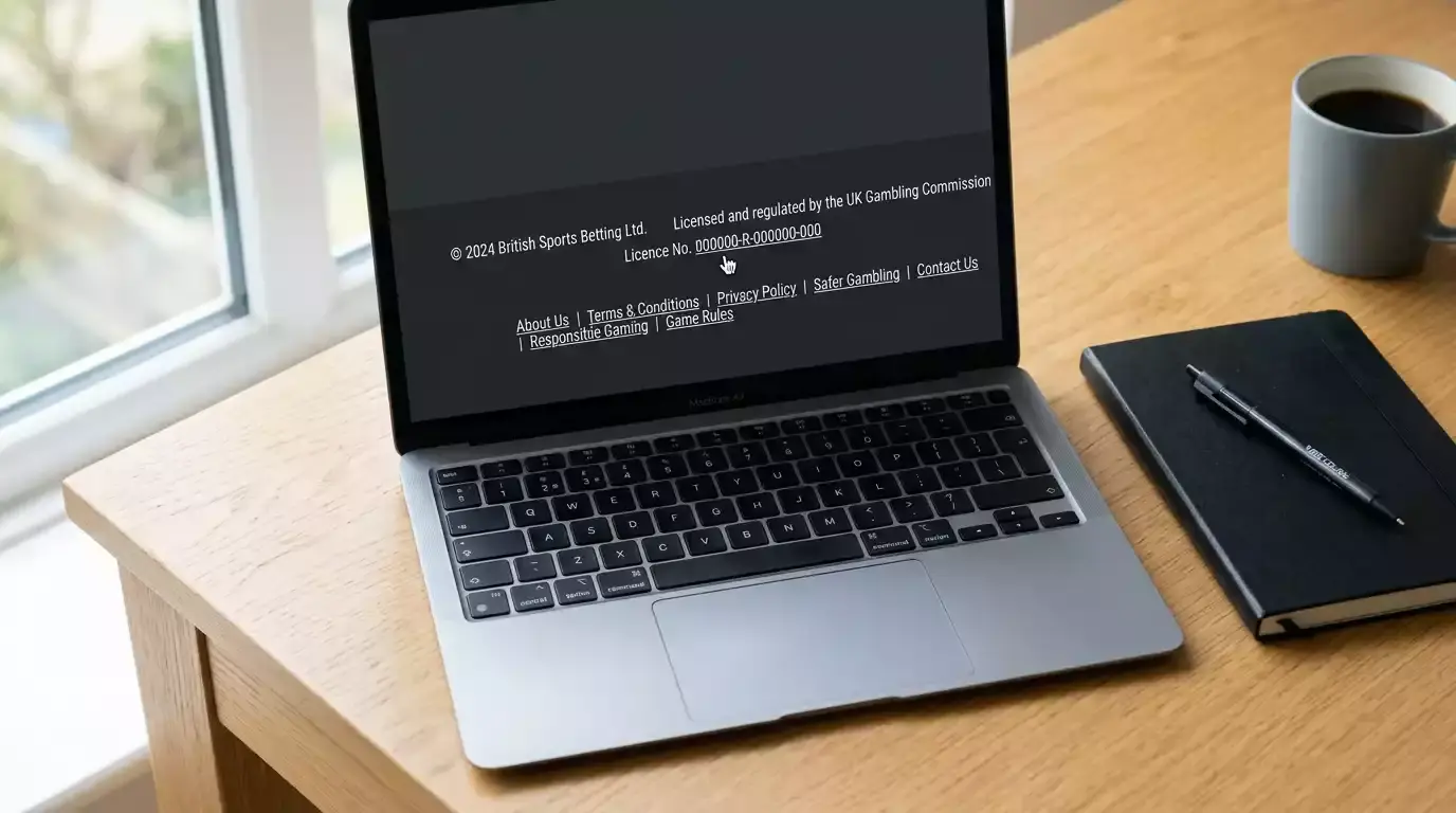 Laptop screen displaying a sportsbook website footer with UK Gambling Commission licensee name and licence number visible
