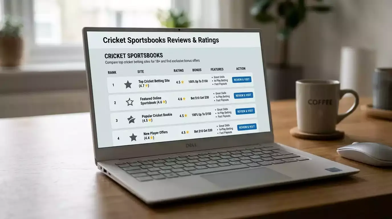 Laptop screen showing a generic gambling affiliate website with cricket banners