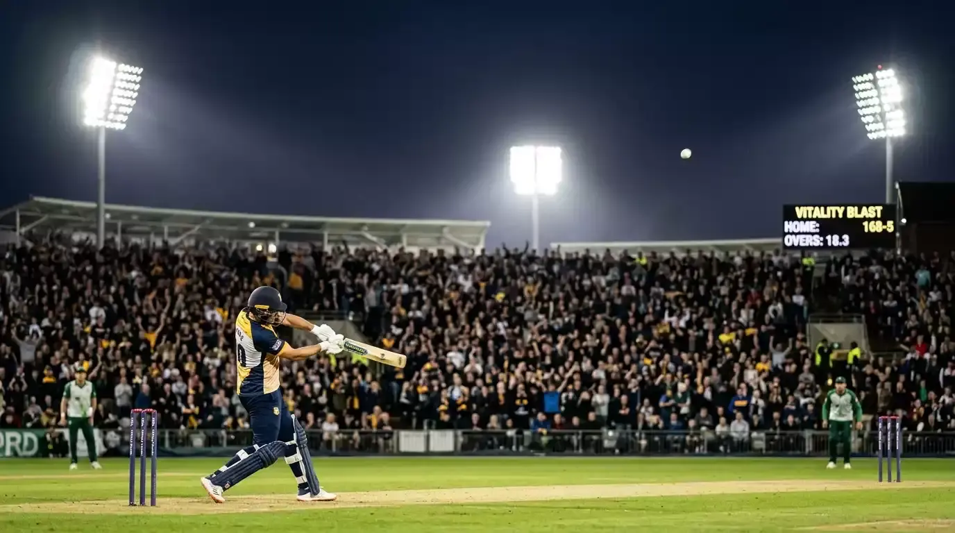 Floodlit county ground packed for a Vitality Blast night fixture with team colours visible