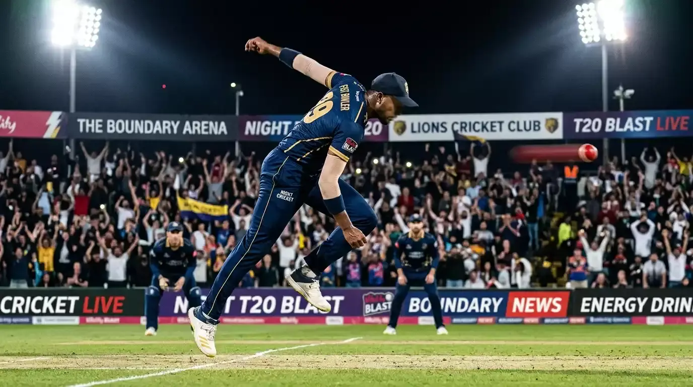 Death-overs fast bowler in delivery stride at a floodlit domestic T20 match