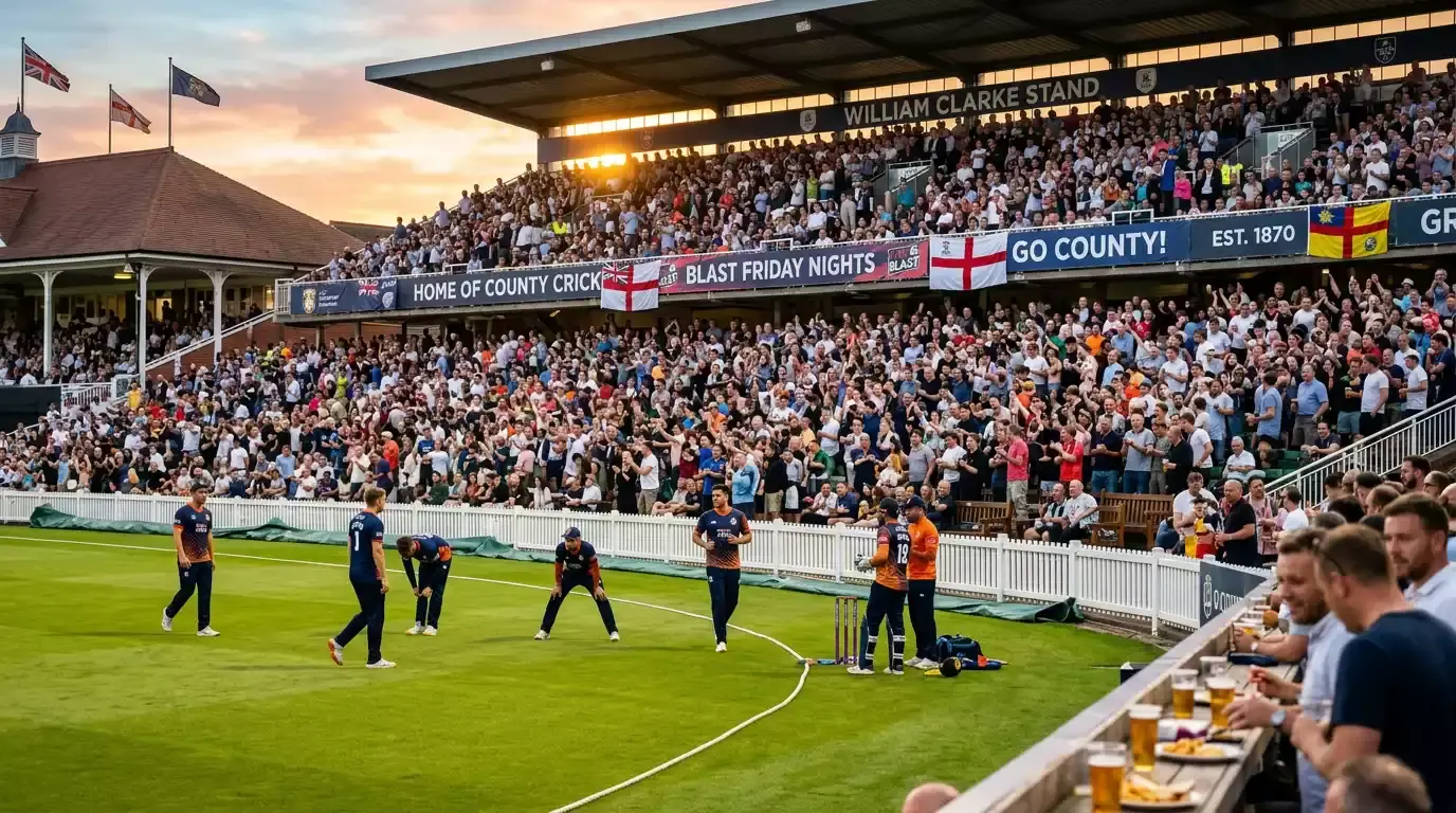 Packed evening crowd at a Vitality Blast T20 fixture at a county ground with players in coloured kit warming up