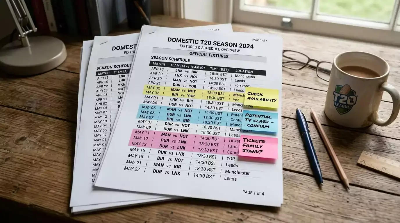 Printed fixtures overview page for a domestic T20 season with annotations
