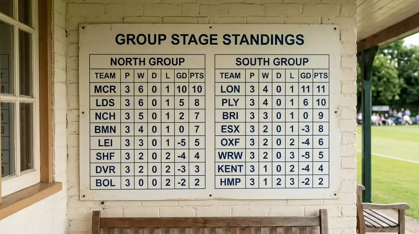 Group-stage outright board listing North and South Group teams