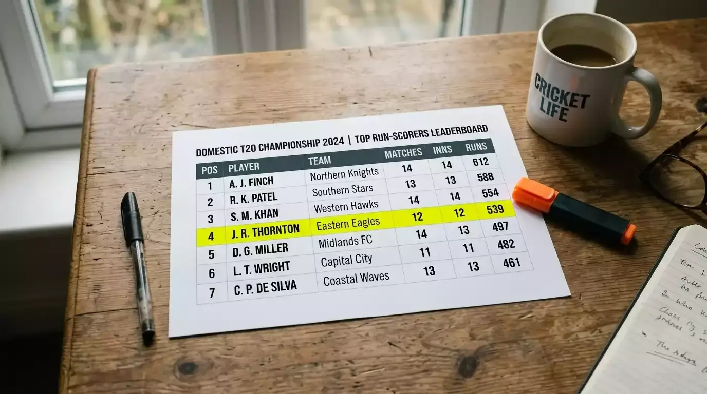 Printed top run-scorer leaderboard page for a domestic T20 tournament