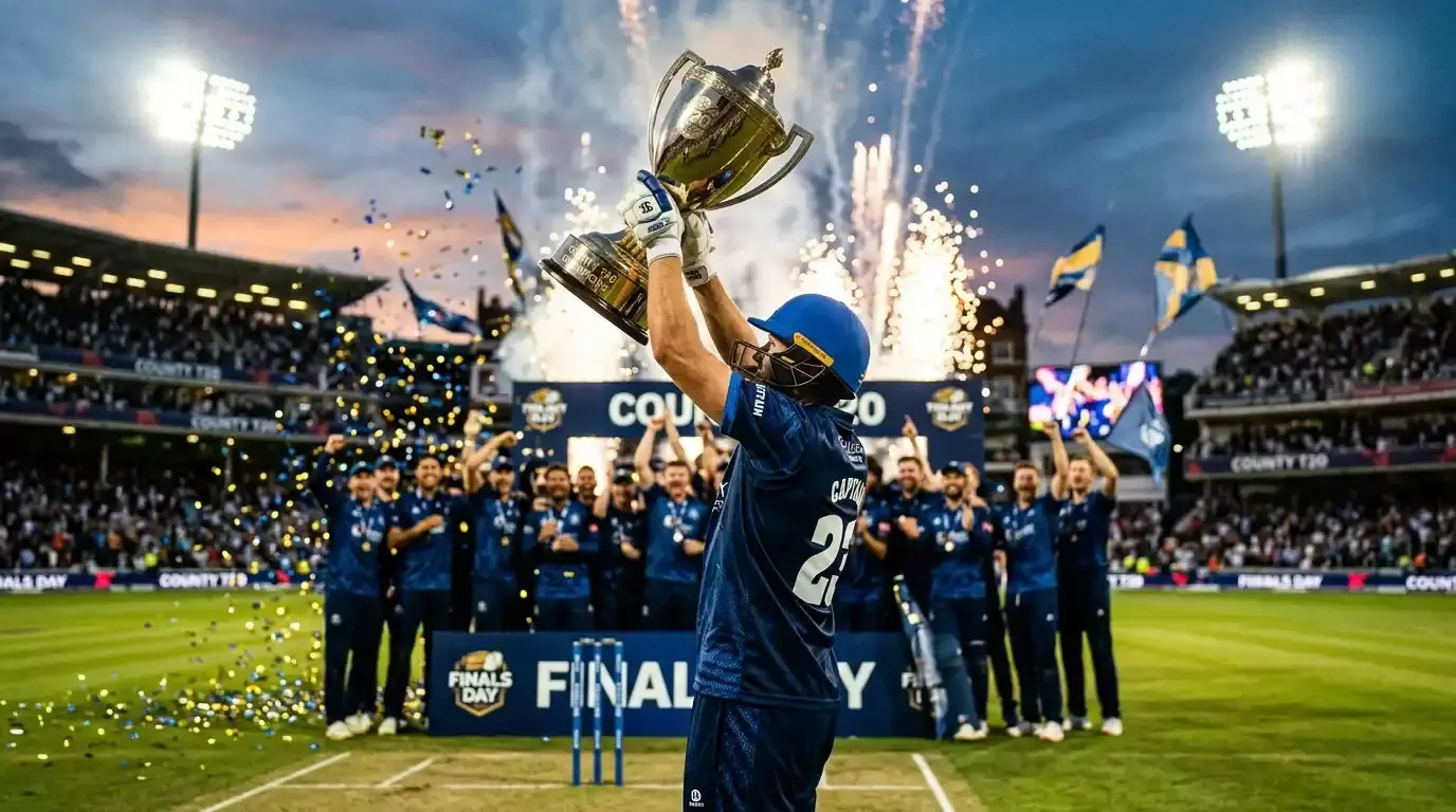 County T20 trophy lifted in celebration by a champion side under floodlights
