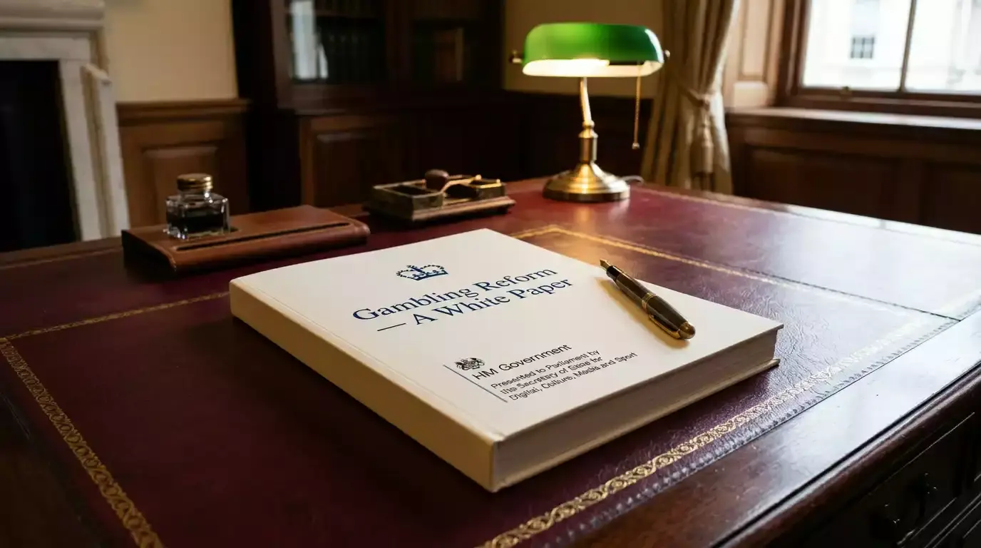 Bound government white paper titled gambling reform resting on a leather-topped desk beside a fountain pen