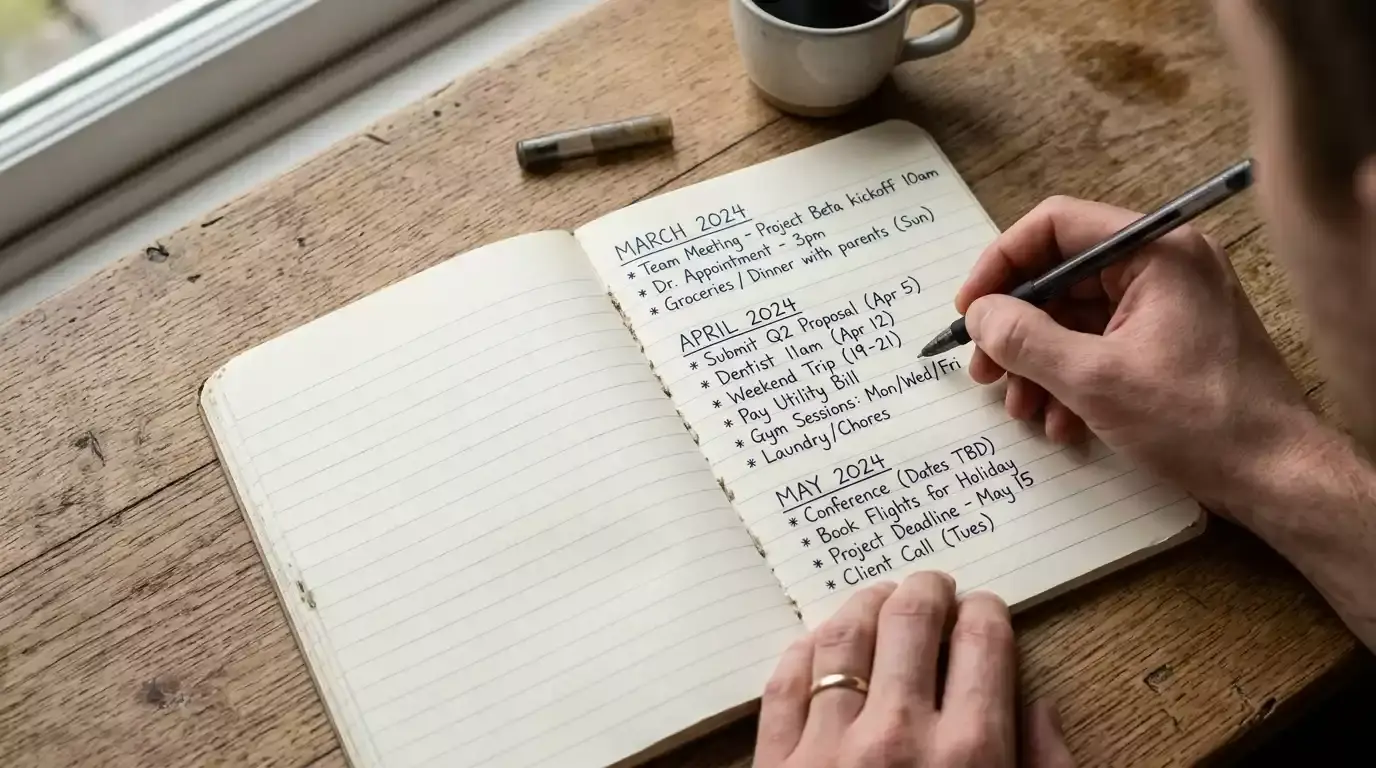 Notebook open at a year-round cricket fixture overview with hand-written notes