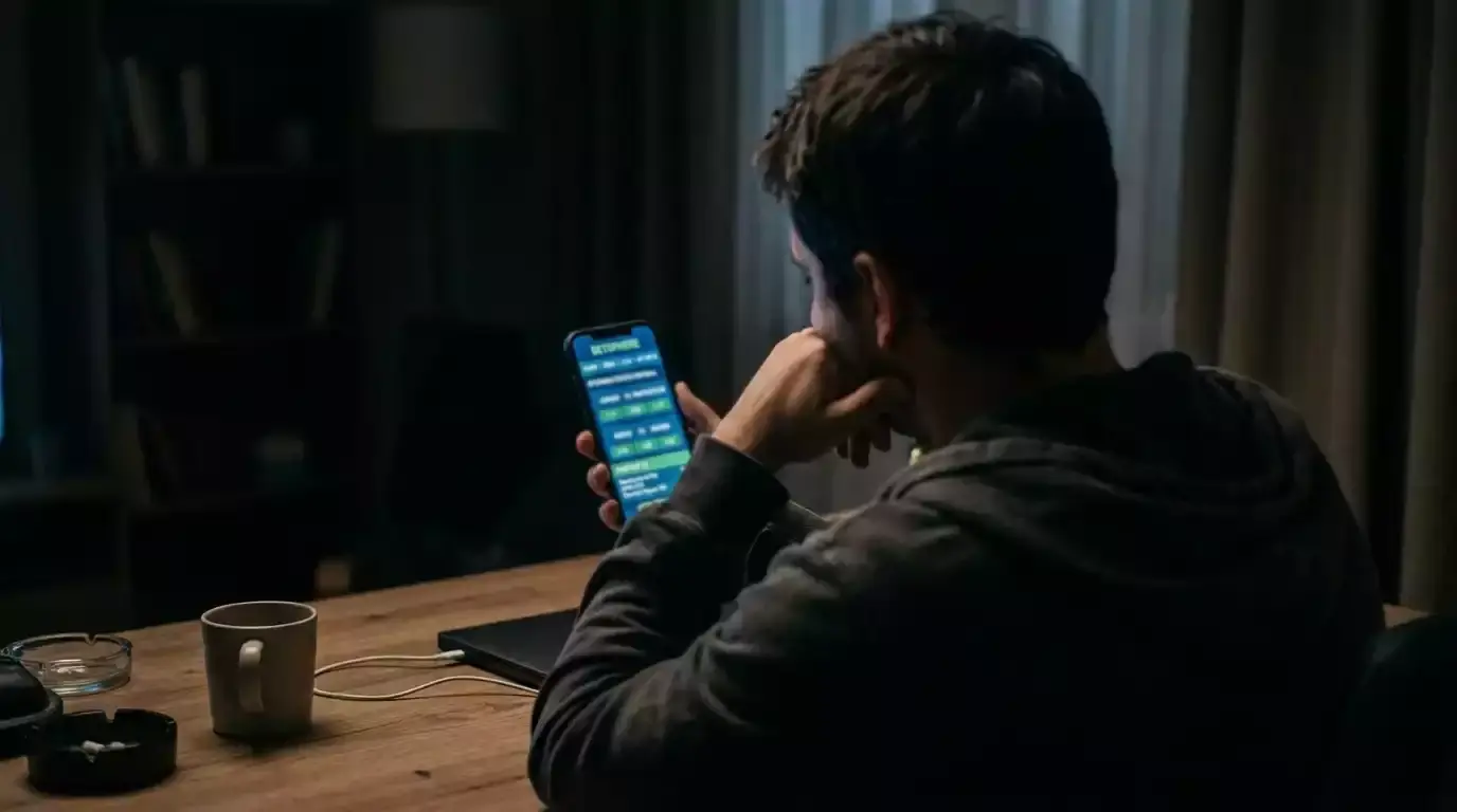 Young adult using a smartphone late at night with a sports betting app open