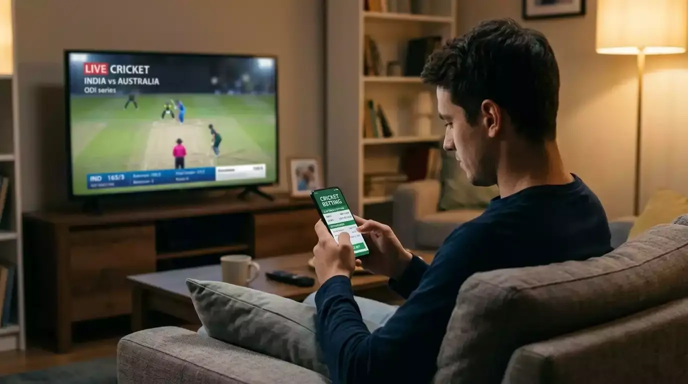 Young adult on a sofa using a cricket betting app on a smartphone